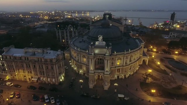 Night Aerial view of Odessa Opera house in Ukraine.