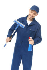 Young window cleaner on white background