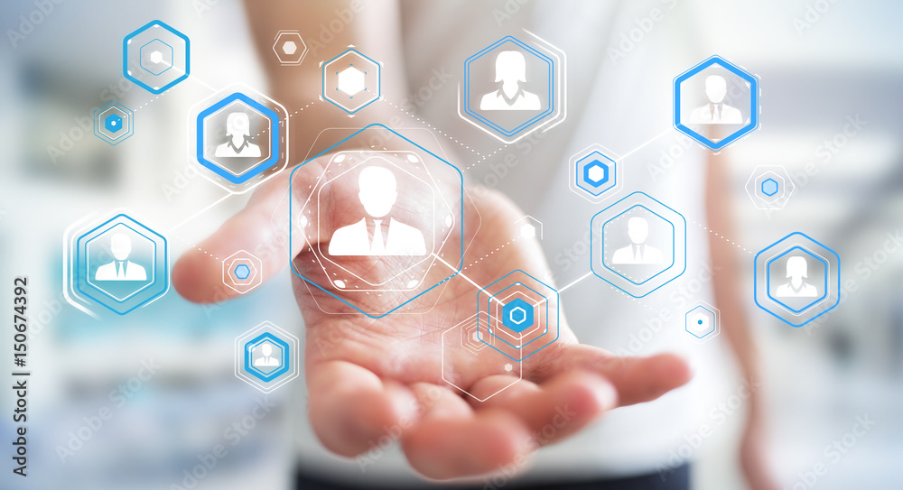 Poster businessman using digital social network 3d rendering