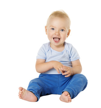 Baby over White Background, Happy Kid One Year old, Smiling Child Boy Sitting in Blue Clothing