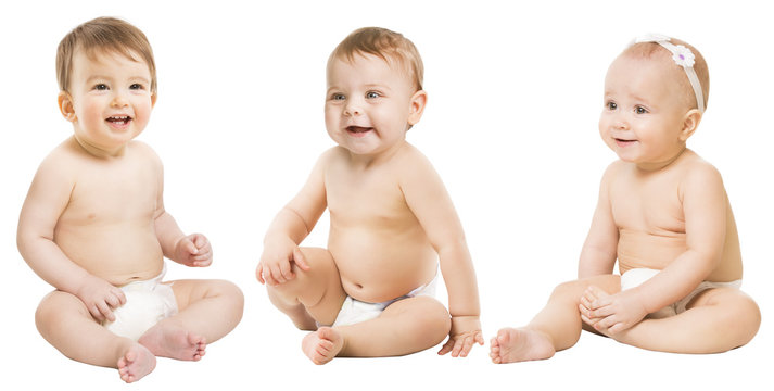 Baby over White Background, Kids nine months old, Babies sitting in Diapers, white isolated Boy and Girl Children