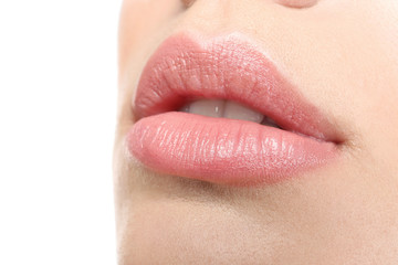 Face of beautiful young woman on white background, closeup