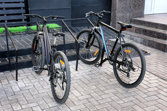 Bicycles in parking lots outdoors