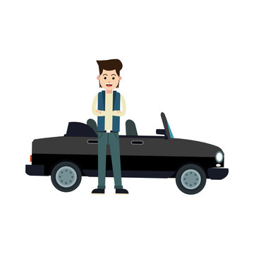 character young man sport car standing vector illustration