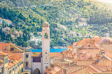 Dubrovnik scenery sunny day. / Aerial view at historic architecture in Dubrovnik, Croatia, world's famous travel places. - obrazy, fototapety, plakaty