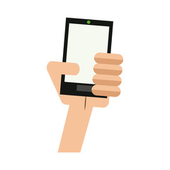 hand holding smartphone technology device vector illustration