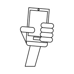 hand holding smartphone technology outline vector illustration