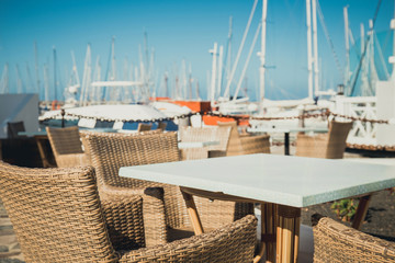 Table and chairs in marina Rubicon in Playa Blanca, Lanzarote, Canary Island, Spain