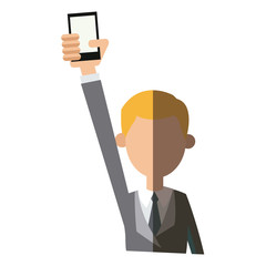 guy business hand holding smartphone vector illustration