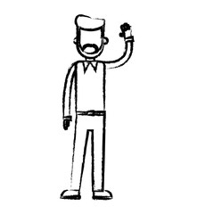 beard man standing with arm up sketch vector illustration