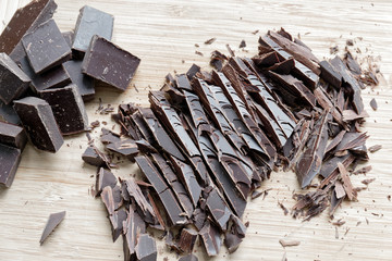 Close up of fine chocolate chopped by hand, sliced off the block with a knife.