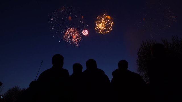 Silhouette of people who watch the fireworks in the night sky. Bright and colorful lights in the sky. A beautiful sight is watched by the guys. Red, green and orange lights in the blue sky.