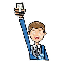 drawing man with blue suit holding smartphone vector illustration