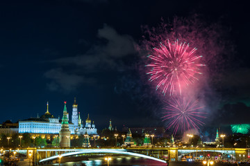 View of Kremlin with fireworks during blue hour in Moscow, Russia. 9 May Victory day celebration in Russia