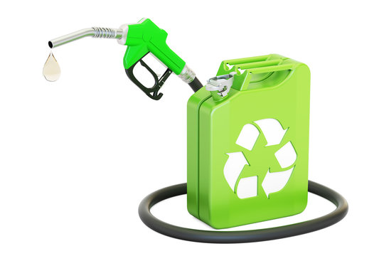 jerrycan with bio fuel and gas pump nozzle, 3D rendering