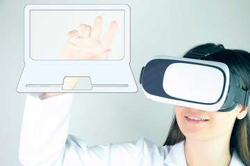 business woman pushing virtual button in web interface with her finger over white. Business digital screen laptop