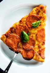 Homemade Pepperoni Pizza served on plate.