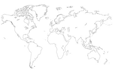 Fototapeta na wymiar Векторная карта мира напечатана черными чернилами на белом фоне.