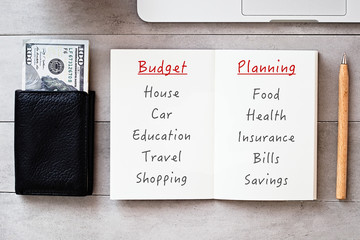 Budget Planning flatlay. Saving, earning, making money concept. 