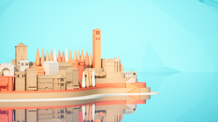 Mini toy Old city down town on small iland, 3d rendering