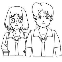 students girl and boy anime cartoon outline vector illustration