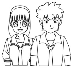 students girl and boy anime cartoon outline vector illustration