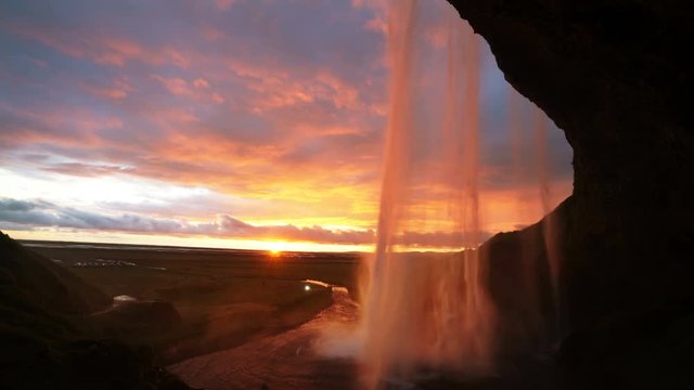 Seljalandsfoss waterfall at sunset, Iceland
