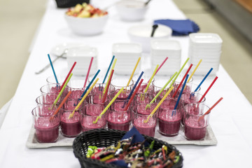Assorted fruit shakes on white table Healthy Smoothie concept