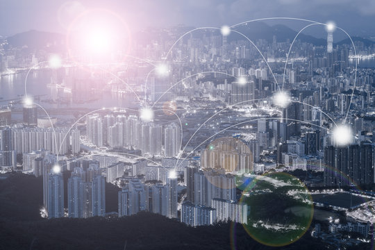 Network and Connection technology concept with city background