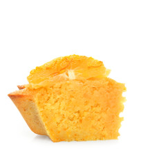 Piece of delicious citrus cake on white background