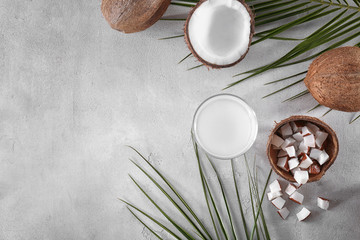 Beautiful composition with coconut water on table