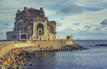 Picturesque view with the historic building of the Constanta Casino, the most representative symbol of the city on the coast of the Black Sea, Romania.