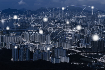 Network business conection concept - Network business conection system on Hong Kong cityscape background.
