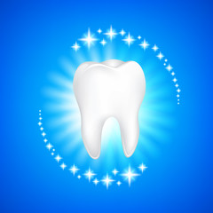 Whitening of human tooth. Deep cleaning, dental care concept. Icon design, Illustration on blue background.
