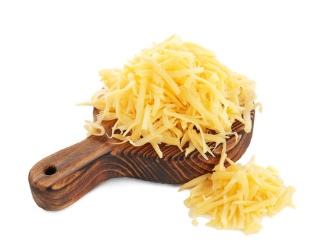 Wooden board with grated cheese on white background