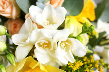 Fototapeta na wymiar Beautiful bouquet with freesia flowers, closeup