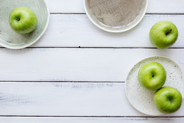 summer food with green apples on white background top view mock up