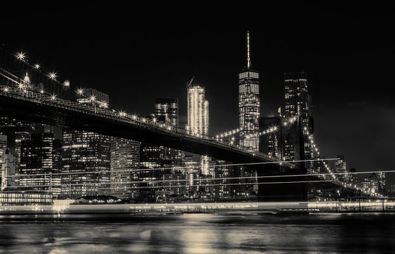 BW photo Brooklyn Bridge and Manhattan Skyline Night, New York City