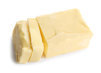 Delicious butter pieces on white background, closeup