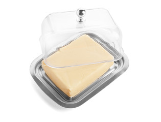 Dish with butter on white background
