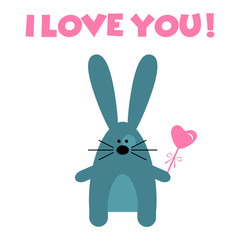 Blue bunny with heart candy and text I LOVE YOU!