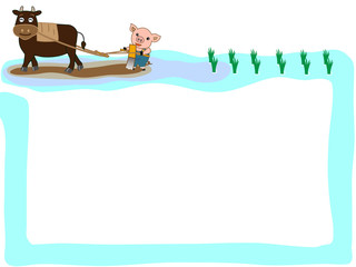 牛で耕運するタイトルフレーム