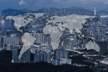 World Global Cartography Globalization , on blue tone cityscape background (Elements of this image furnished by NASA)