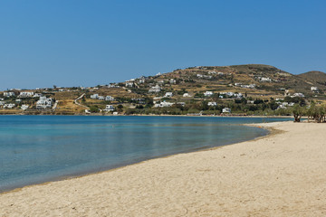Fototapeta na wymiar Amazing panorama of beach in town of Naoussa, Paros island, Cyclades, Greece
