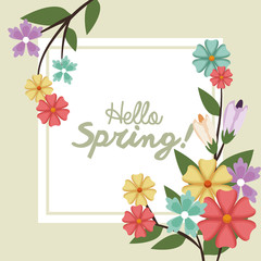 hello spring. flower bouquet over green background text vector illustration