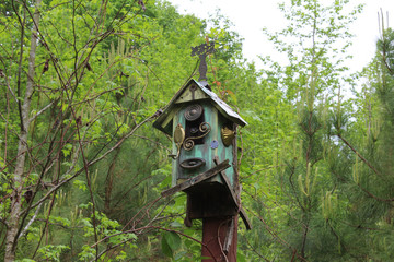 Birdhouse with snake looking out

