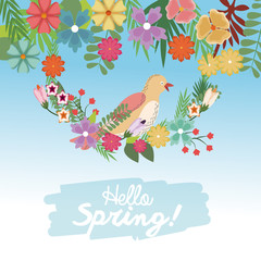 hello spring bird on branch flowers cute nature wallpaper vector illustration