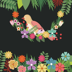 bird flowers spring greeting card dark blackground vector illustration