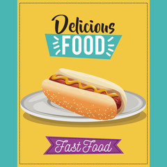 delicious food poster. hot dog fast food menu dish vector illustration