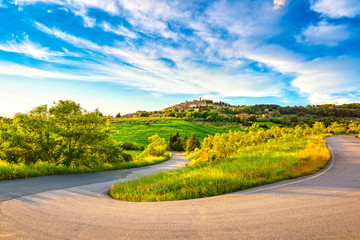 Fototapeta na wymiar Casale Marittimo village and hairpin bend, road in Maremma. Landscape of Tuscany, Italy.